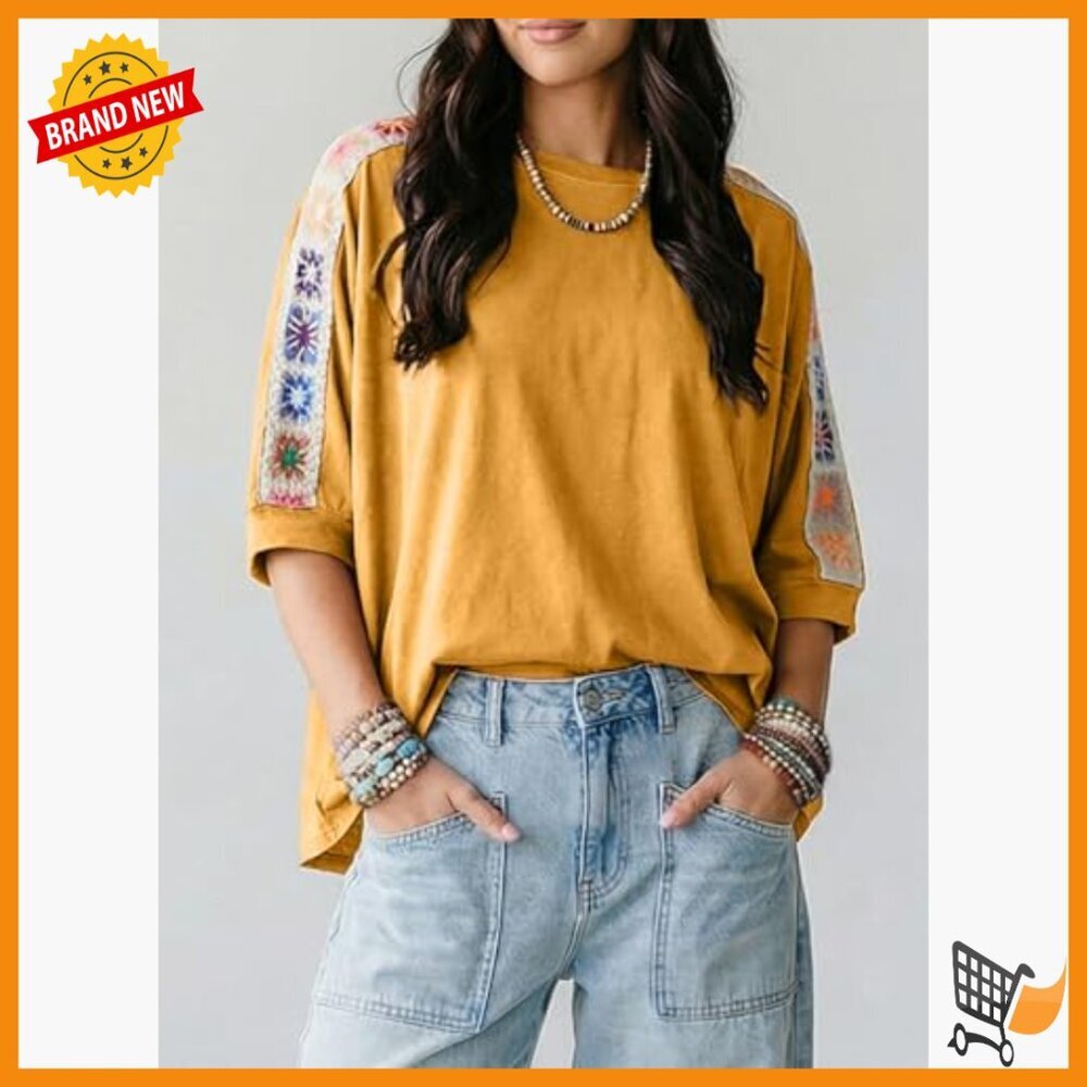 Oversized Embroidered Summer Blouse Casual Beach Vacation Top - Picture 4 of 7